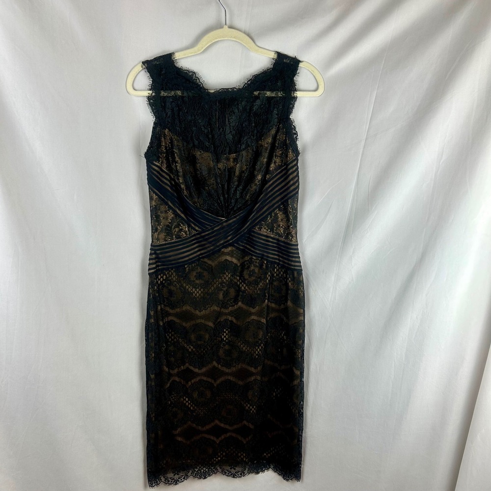 Tadashi Shoji Black Lace Nude Illusion Sheath Dress Size 6 Mesh Banding Cocktail - Picture 2 of 10